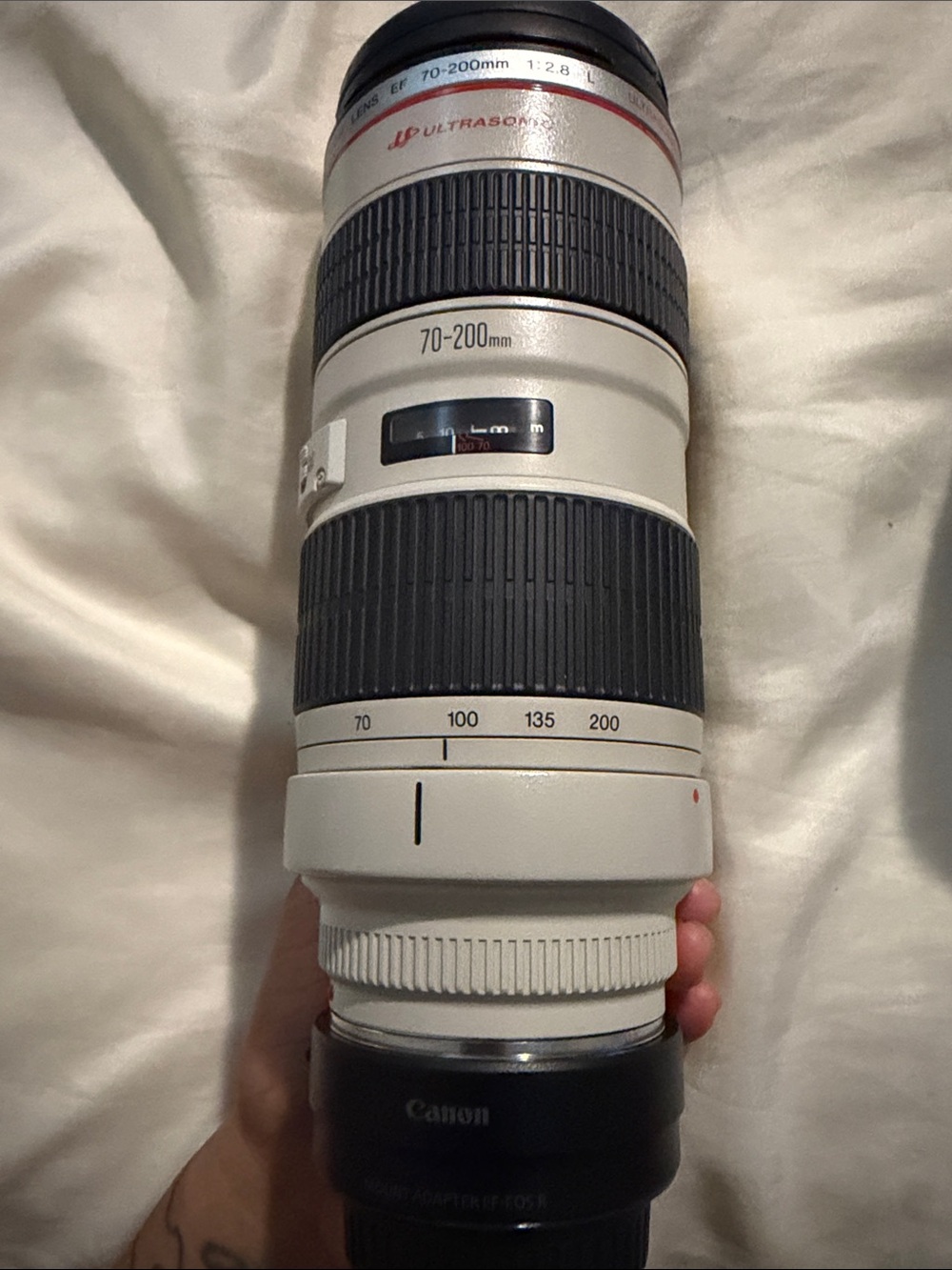 Canon White and Black Telephoto Zoom Lens with Red Accent